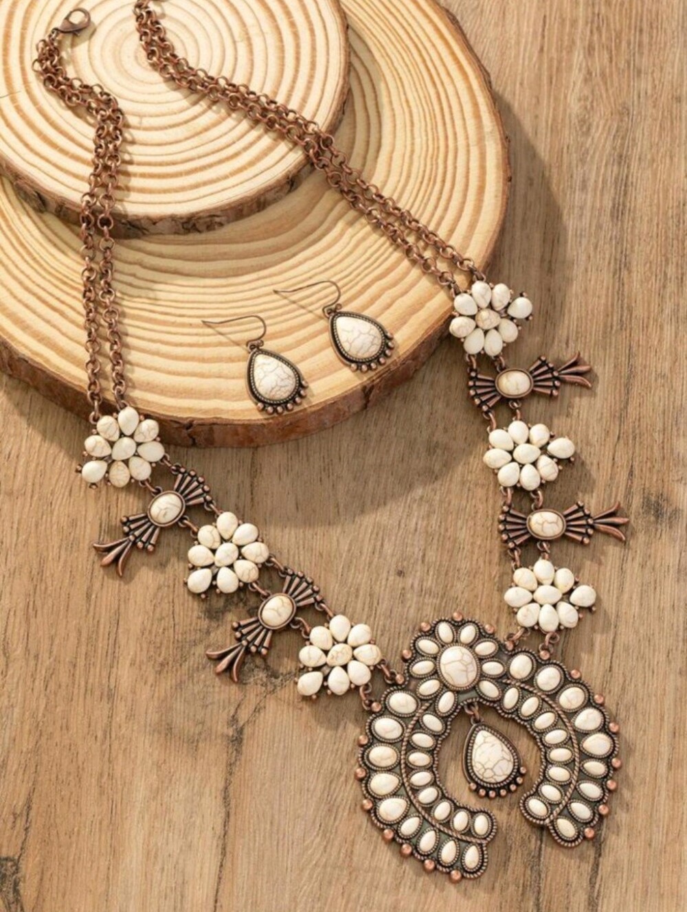White Stone Floral Statement Necklace and Earring Set